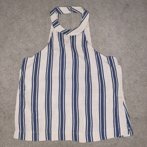 J.O.A. Taupe Navy Striped Swing Halter Tank Split Sides Cut Out Back - Picture 3 of 13
